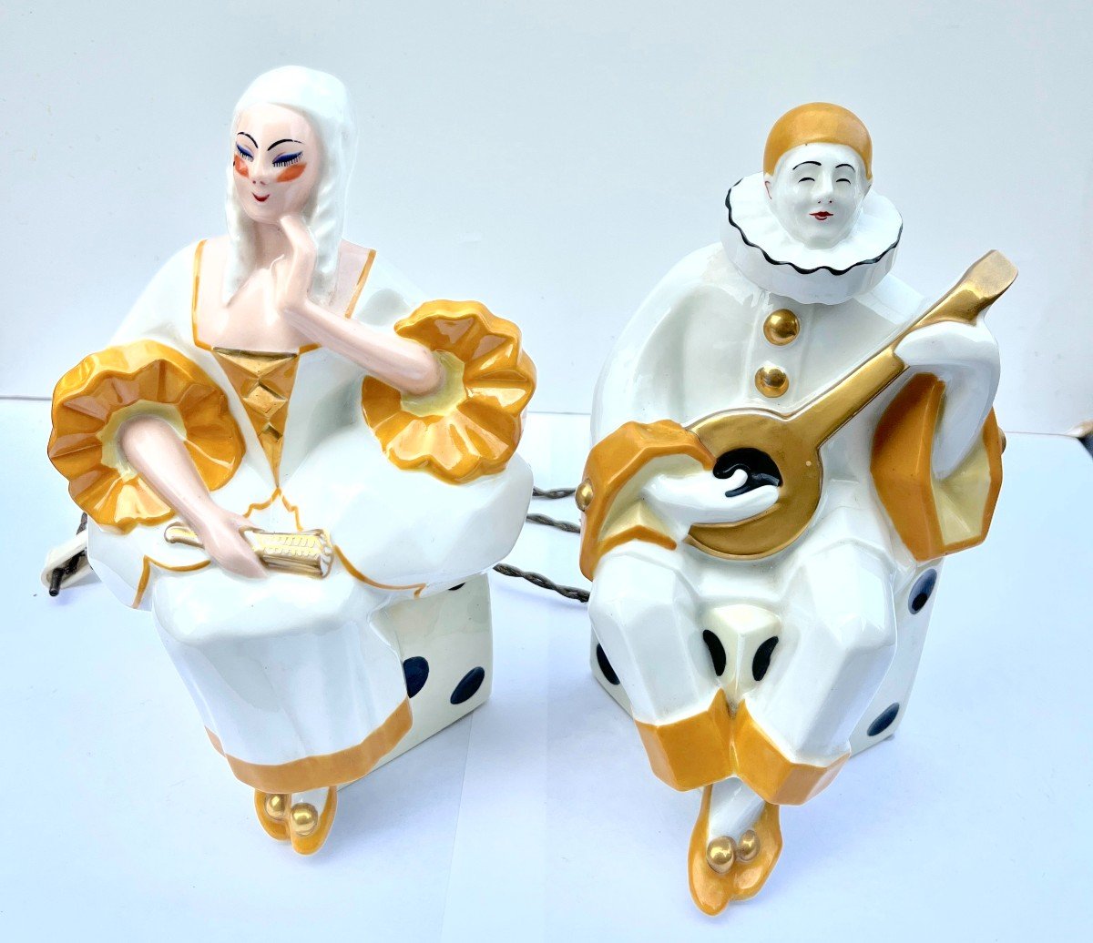 Pair Of  Night Lights Pierrot And Colombine In Limoges Porcelain Circa 1930-photo-5