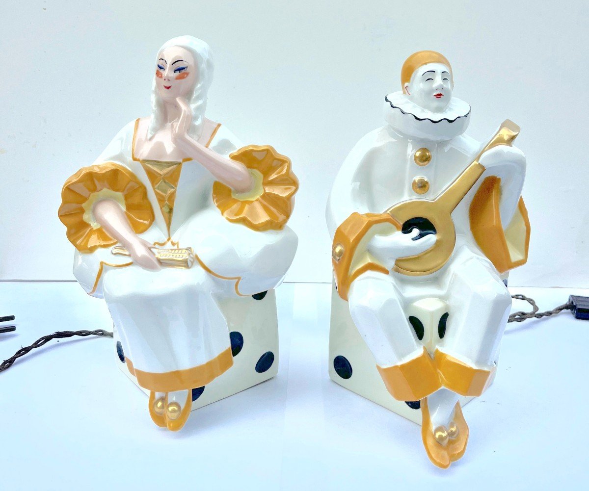 Pair Of  Night Lights Pierrot And Colombine In Limoges Porcelain Circa 1930