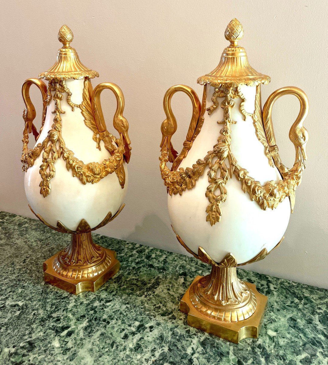 Pair Of Baluster Vases In White Marble And Gilt Bronze-photo-2