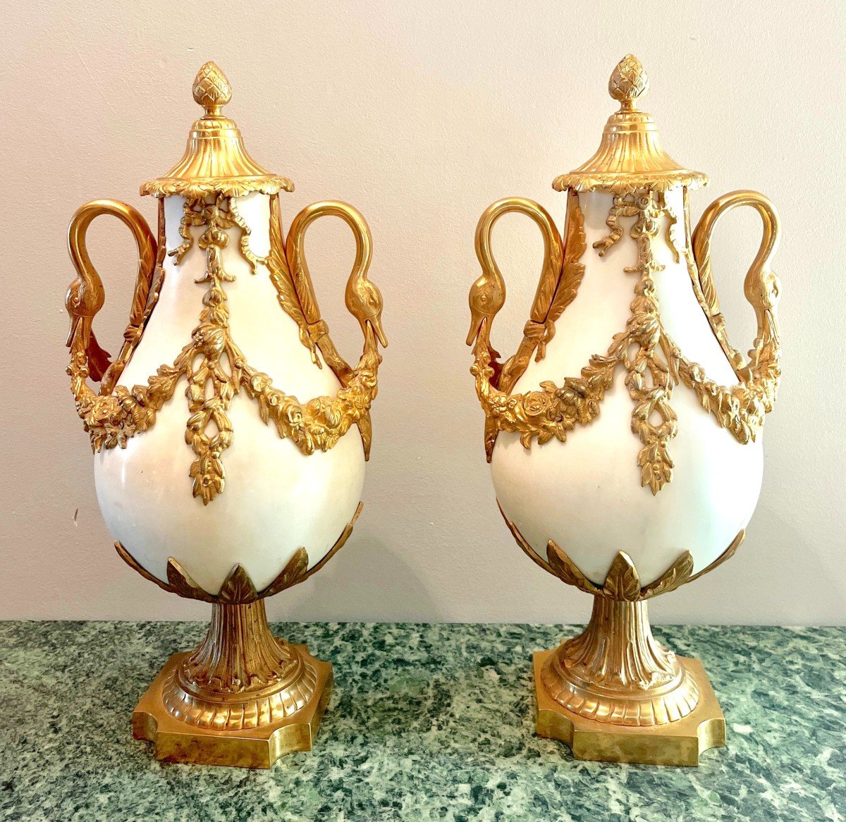 Pair Of Baluster Vases In White Marble And Gilt Bronze