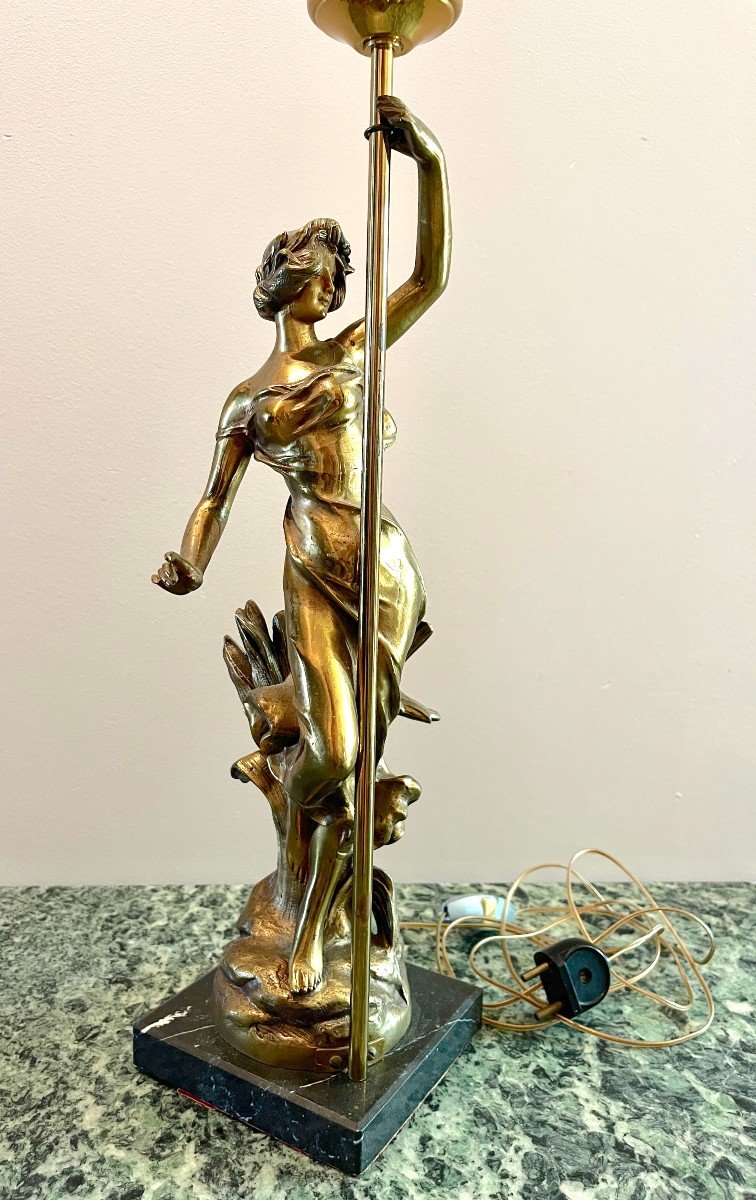 Art Nouveau Bronze Lamp  "woman With A Lamppost" Julien Caussé -photo-2