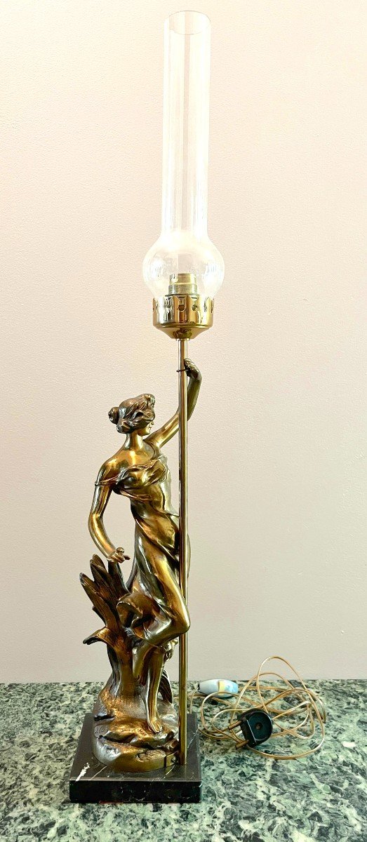 Art Nouveau Bronze Lamp  "woman With A Lamppost" Julien Caussé -photo-3