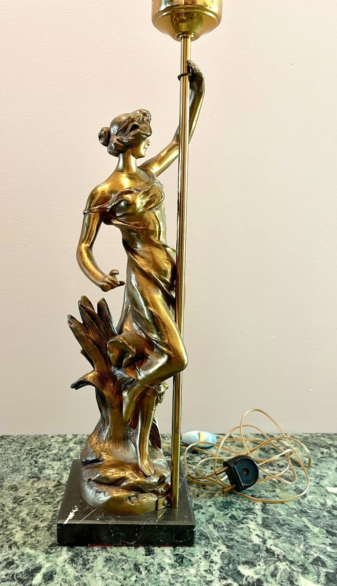 Art Nouveau Bronze Lamp  "woman With A Lamppost" Julien Caussé -photo-2