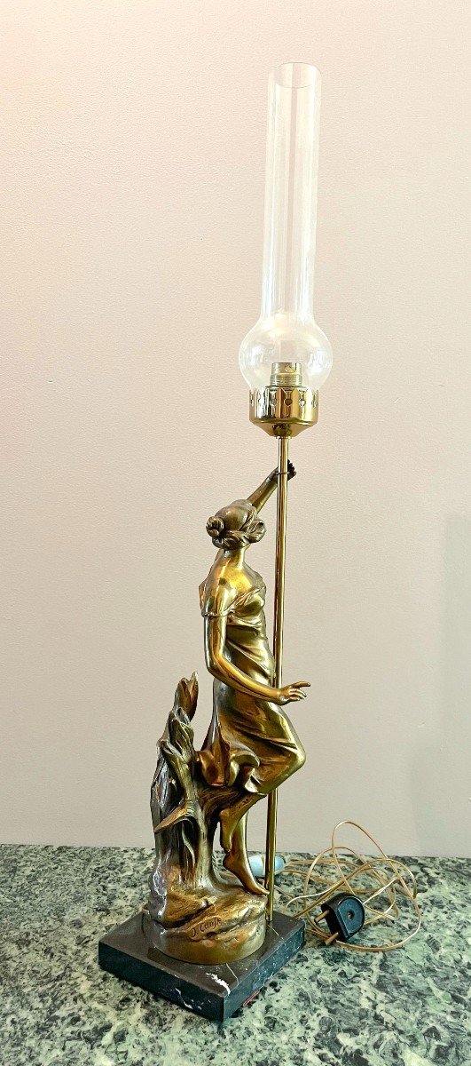 Art Nouveau Bronze Lamp  "woman With A Lamppost" Julien Caussé -photo-3