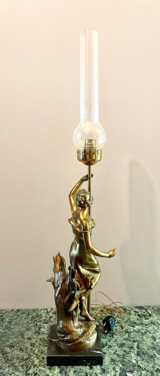 Art Nouveau Bronze Lamp  "woman With A Lamppost" Julien Caussé -photo-4