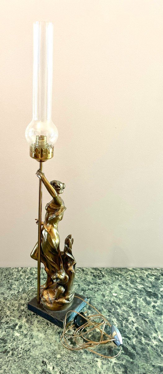 Art Nouveau Bronze Lamp  "woman With A Lamppost" Julien Caussé -photo-5