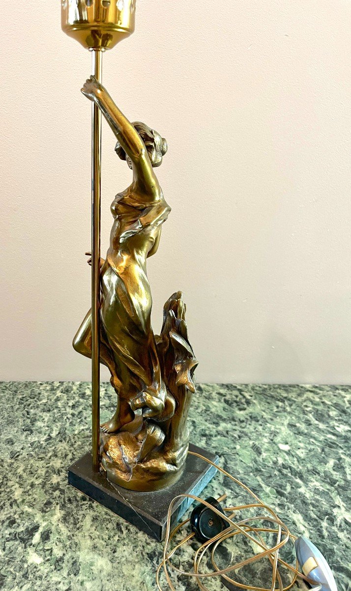 Art Nouveau Bronze Lamp  "woman With A Lamppost" Julien Caussé -photo-6