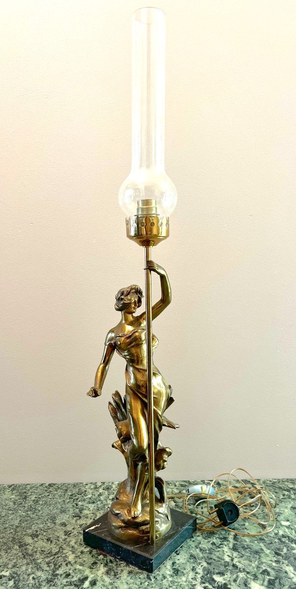 Art Nouveau Bronze Lamp  "woman With A Lamppost" Julien Caussé 