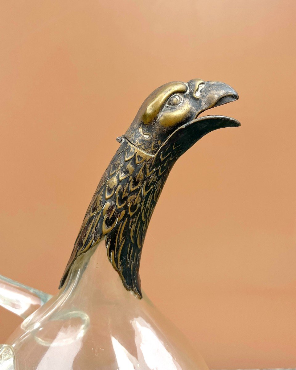 Carafe En Verre Soufflé Bec Verseur Tête d'Aigle En Bronze-photo-2