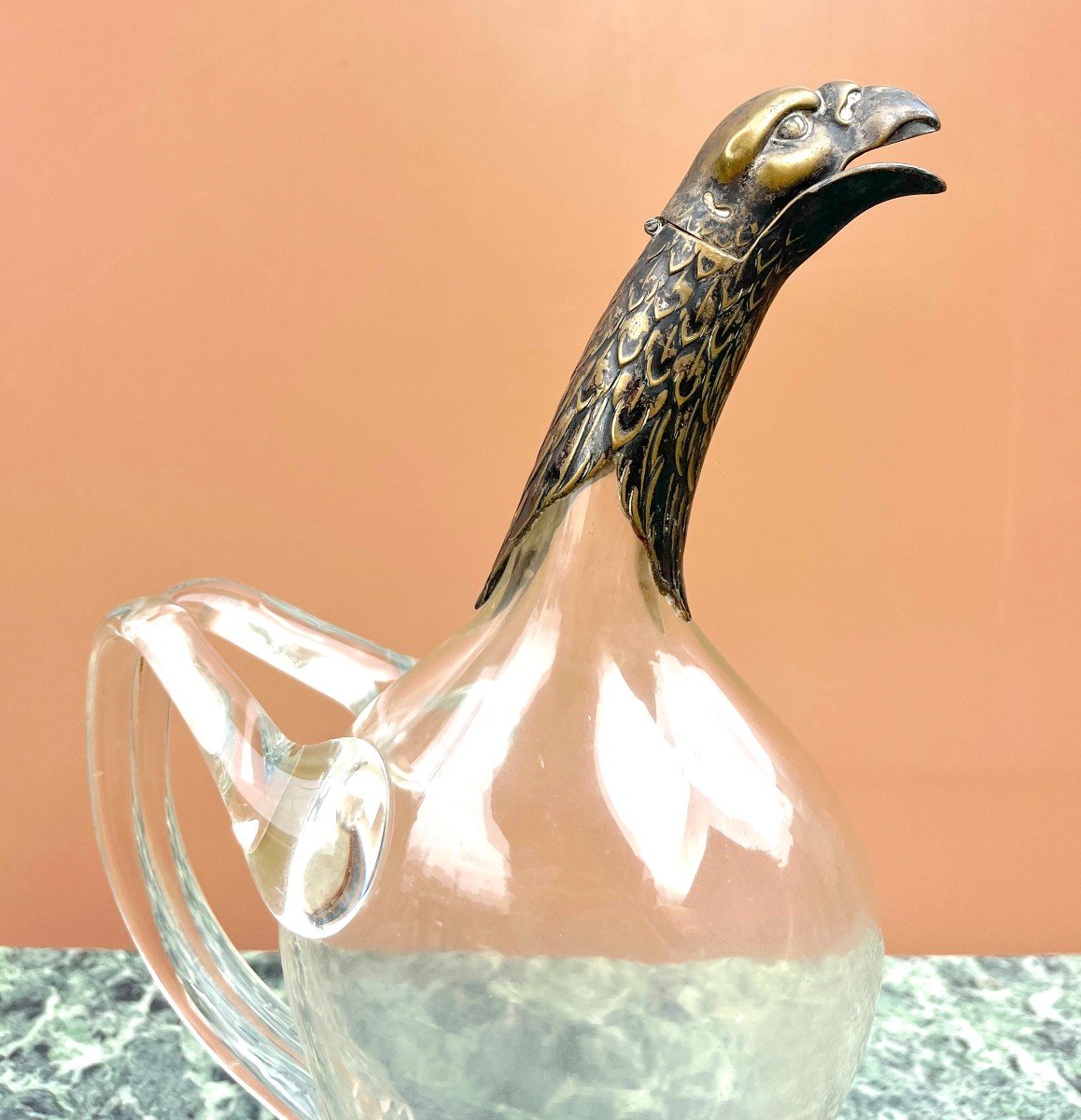 Carafe En Verre Soufflé Bec Verseur Tête d'Aigle En Bronze-photo-3