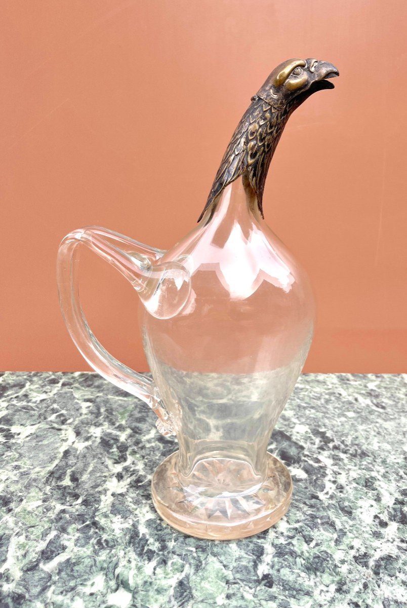 Carafe En Verre Soufflé Bec Verseur Tête d'Aigle En Bronze-photo-1