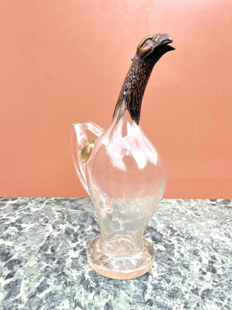 Carafe En Verre Soufflé Bec Verseur Tête d'Aigle En Bronze-photo-2