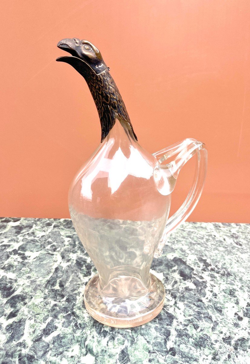 Blown Glass Carafe With Bronze Eagle Head Spout-photo-4