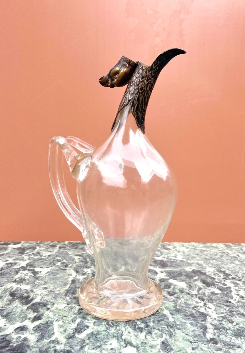 Carafe En Verre Soufflé Bec Verseur Tête d'Aigle En Bronze-photo-7