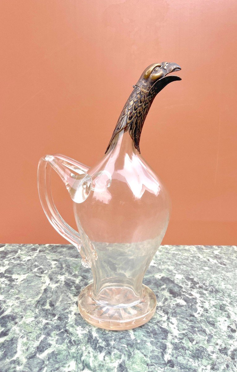 Carafe En Verre Soufflé Bec Verseur Tête d'Aigle En Bronze