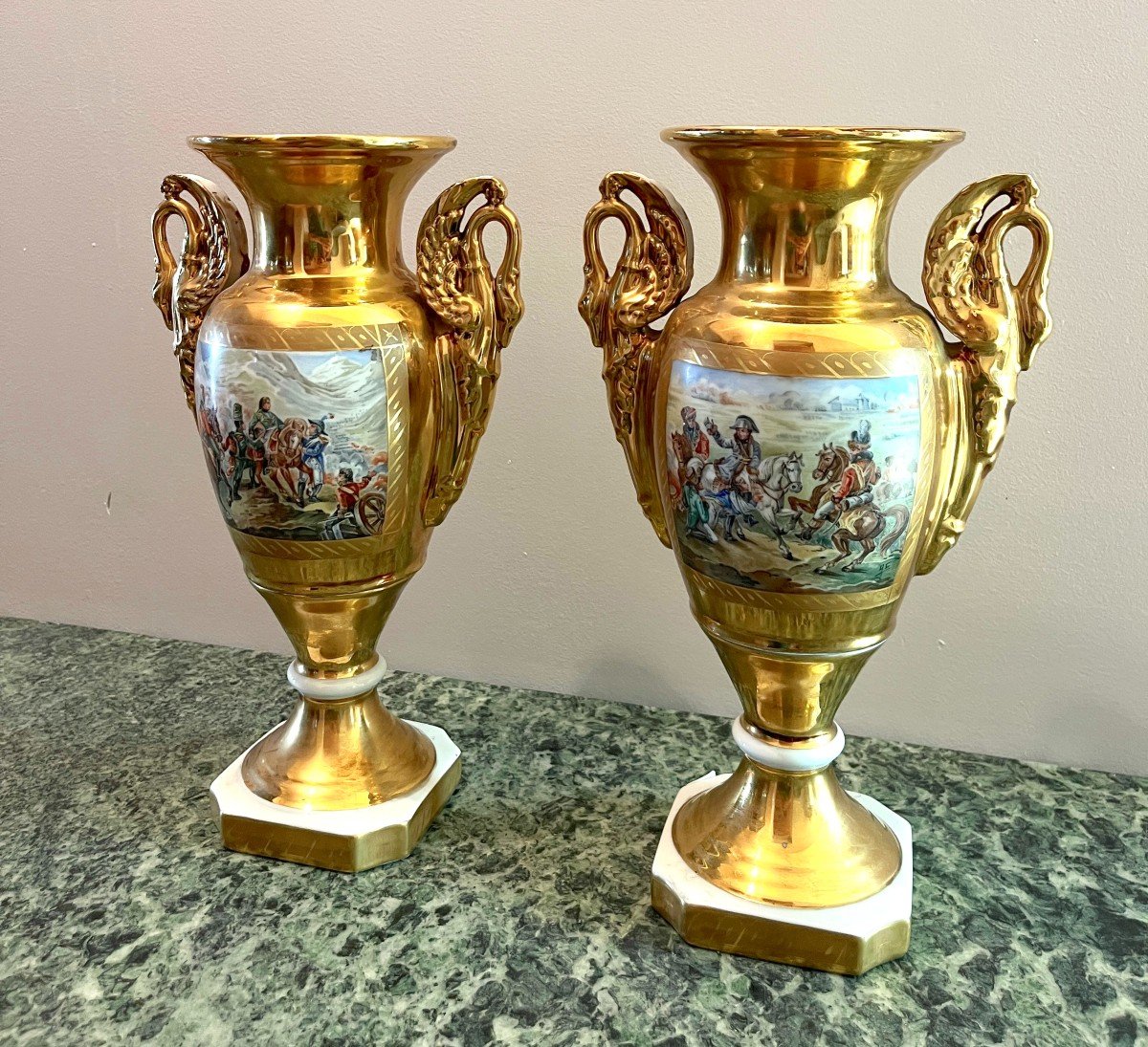 Pair Of Porcelain Vases Of Paris Style With Battle Scene Decoration-photo-2