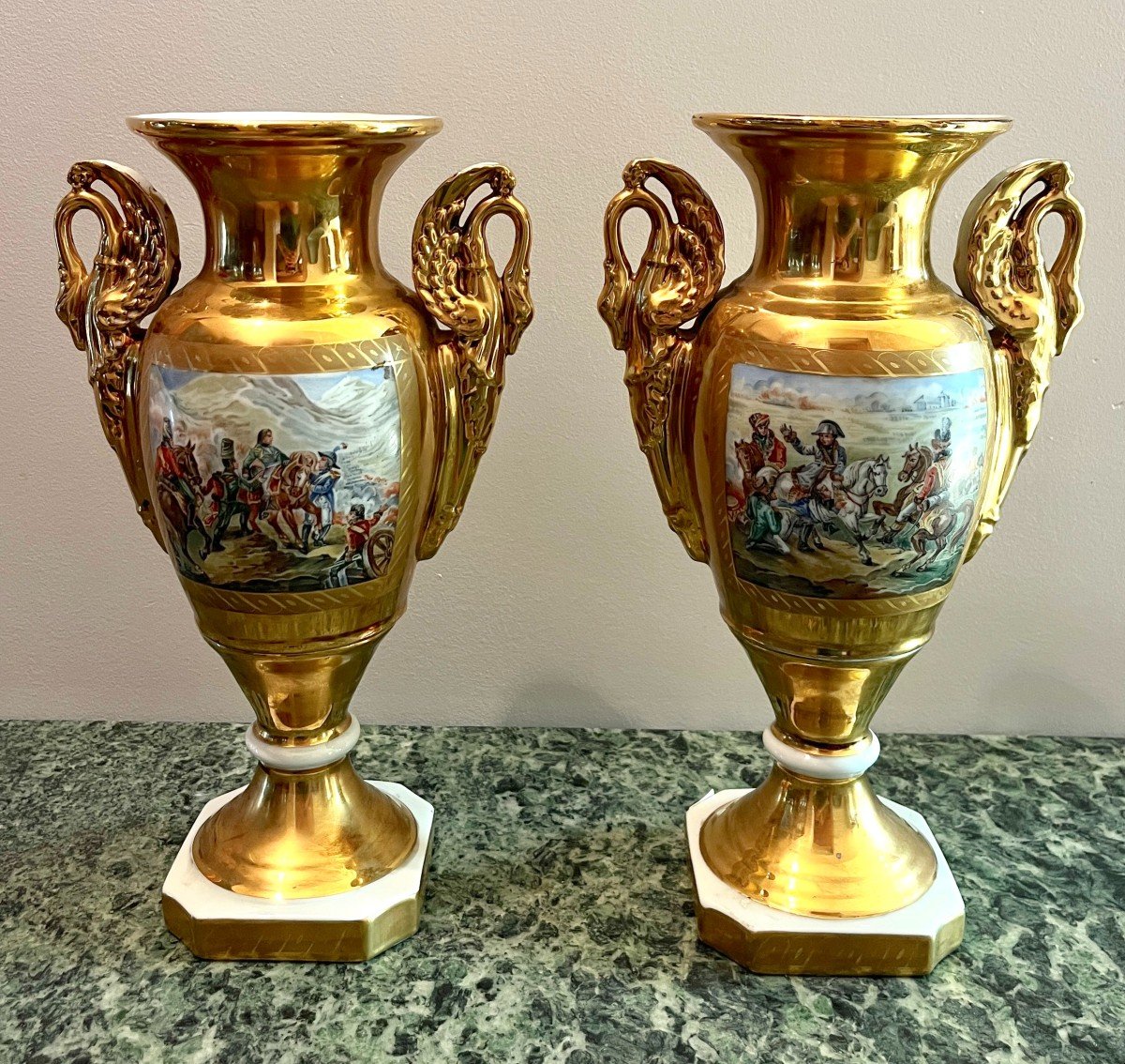 Pair Of Porcelain Vases Of Paris Style With Battle Scene Decoration