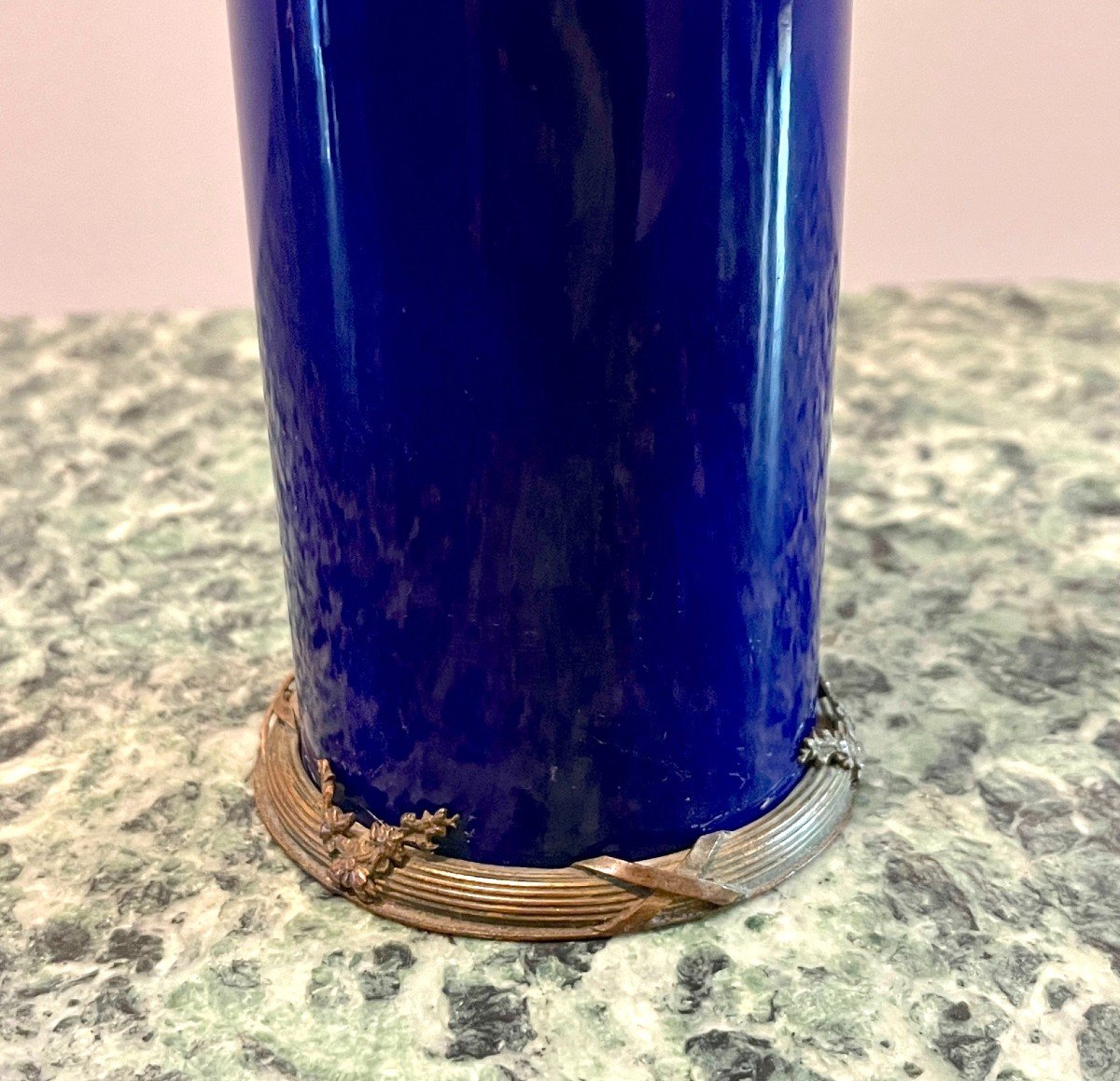 Small Blue Sevres Roller Vase In Earthenware And Bronze Mount-photo-4