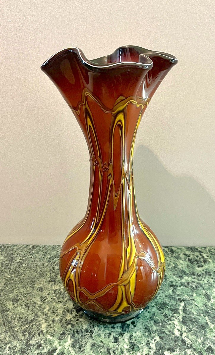 Grand Vase En Verre Soufflé à Décor Marmoréen 1960-1970