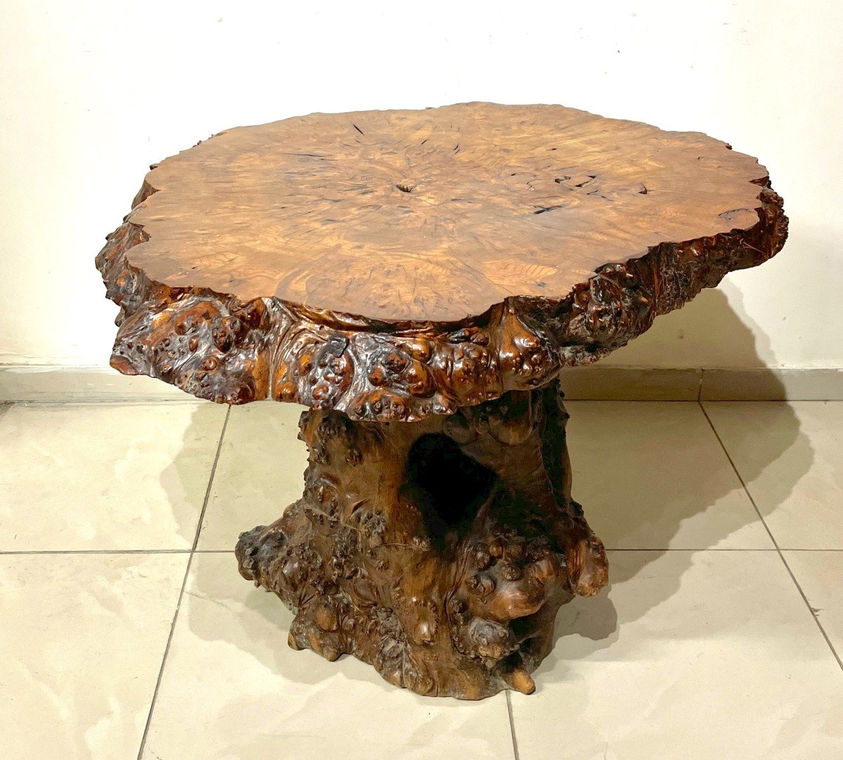 Table guéridon en tronc d'arbre et racine-photo-2