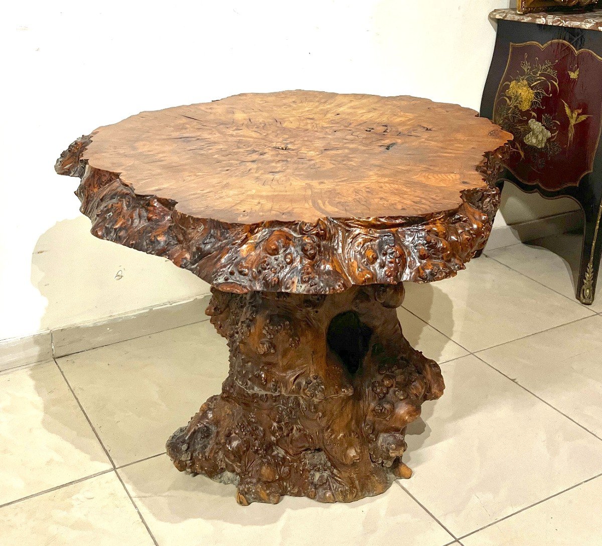 Table guéridon en tronc d'arbre et racine-photo-3