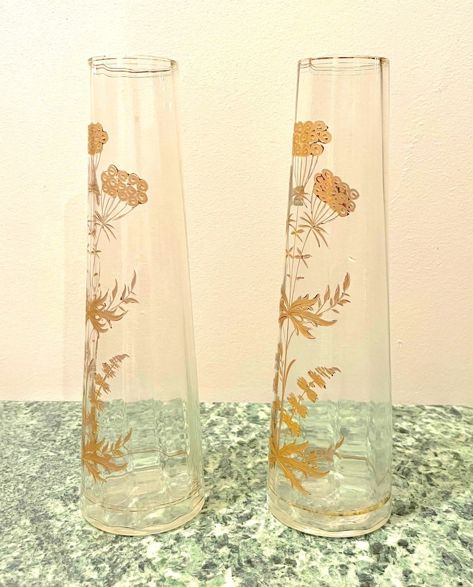 Pair Of Crystal Vases With Gold Enamel Decor-photo-2