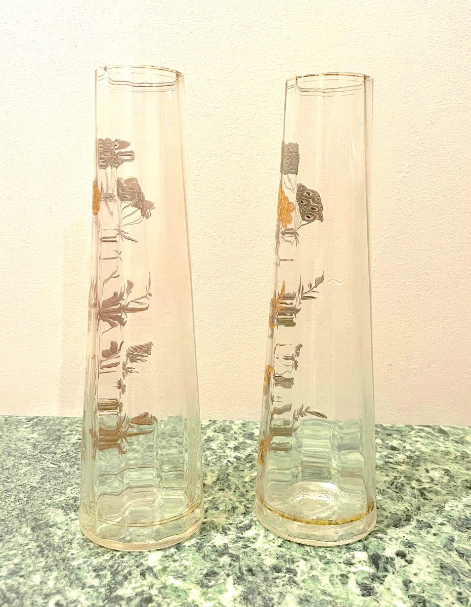 Pair Of Crystal Vases With Gold Enamel Decor-photo-3