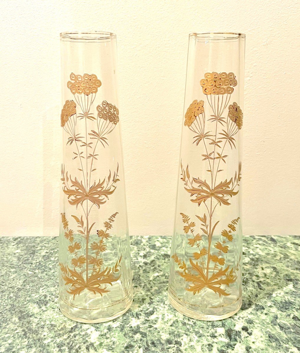 Pair Of Crystal Vases With Gold Enamel Decor-photo-1