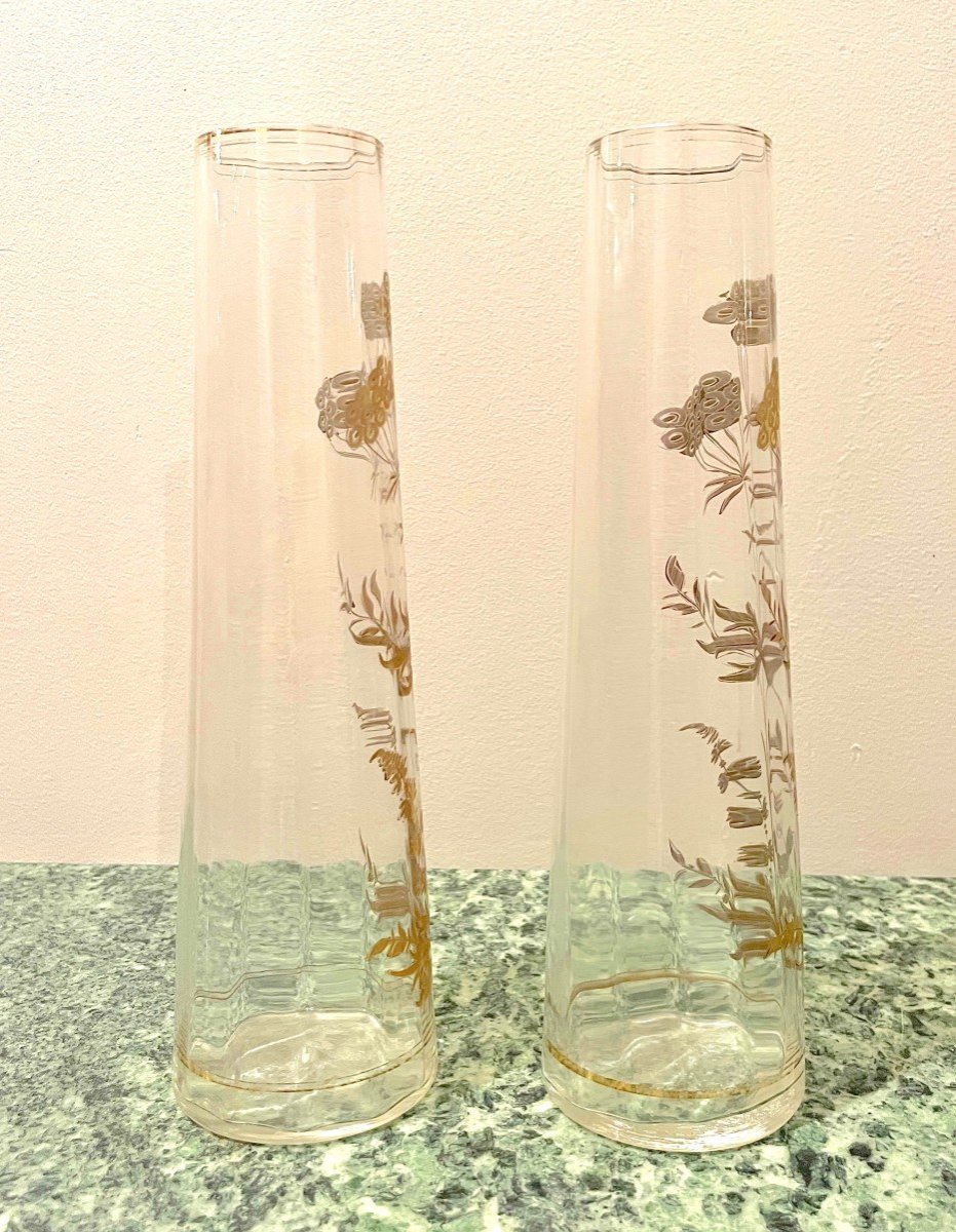 Pair Of Crystal Vases With Gold Enamel Decor-photo-2