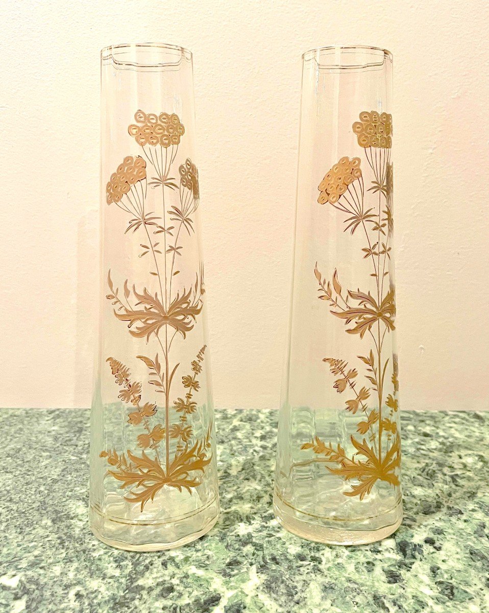 Pair Of Crystal Vases With Gold Enamel Decor-photo-3