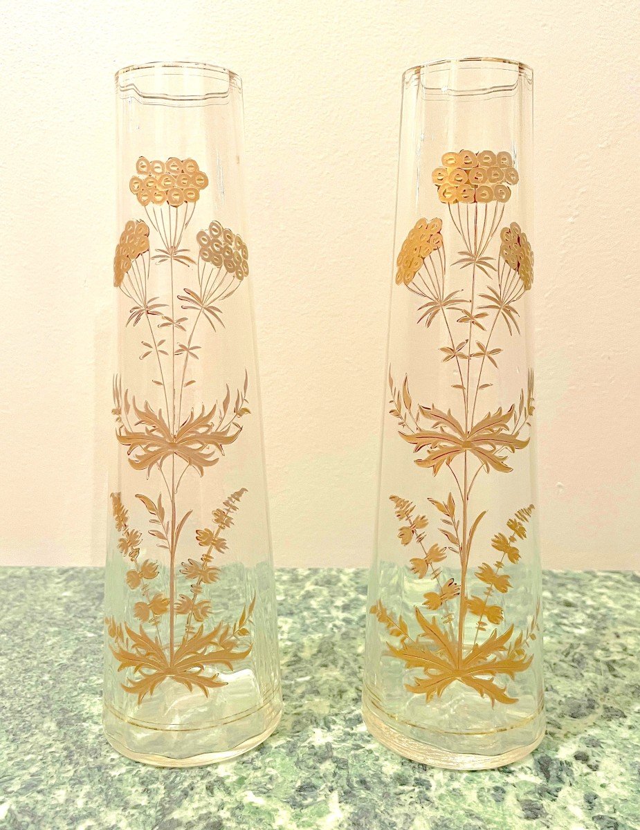 Pair Of Crystal Vases With Gold Enamel Decor