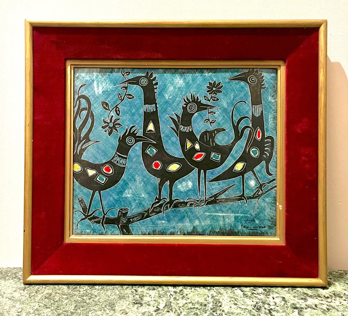 Youen Ceramic Plaque With Framed Stylized Birds Decor