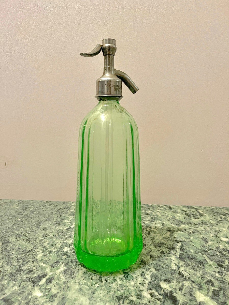 Art Deco Siphon Seltzer Water In Ouraline Glass In Green Color M. Pillan Gisors-photo-1