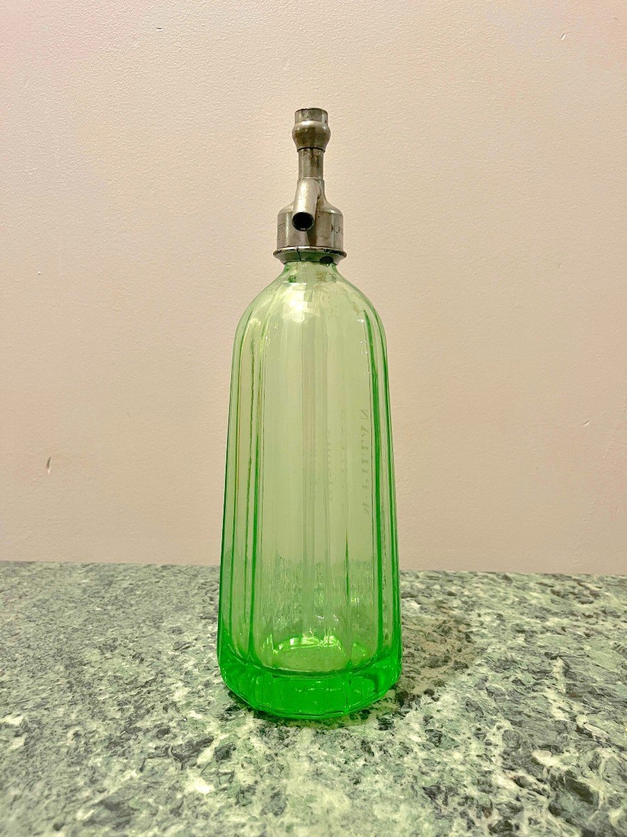 Art Deco Siphon Seltzer Water In Ouraline Glass In Green Color M. Pillan Gisors-photo-3