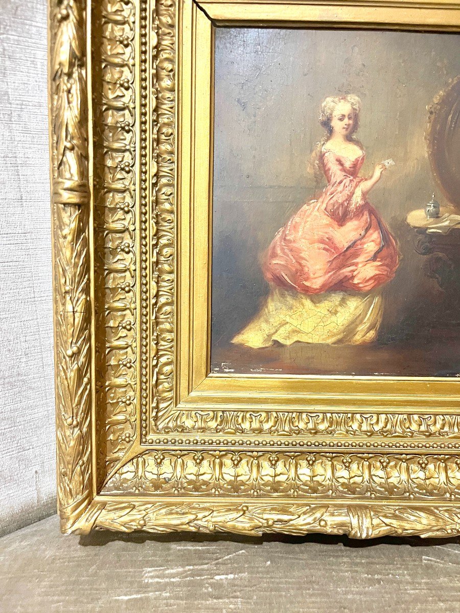 Oil Painting On Panel "elegant" In A Stucco Frame 19th Century-photo-2