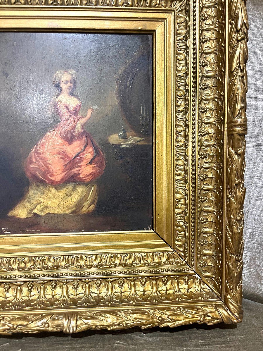 Oil Painting On Panel "elegant" In A Stucco Frame 19th Century-photo-3