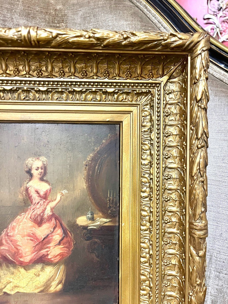 Oil Painting On Panel "elegant" In A Stucco Frame 19th Century-photo-4