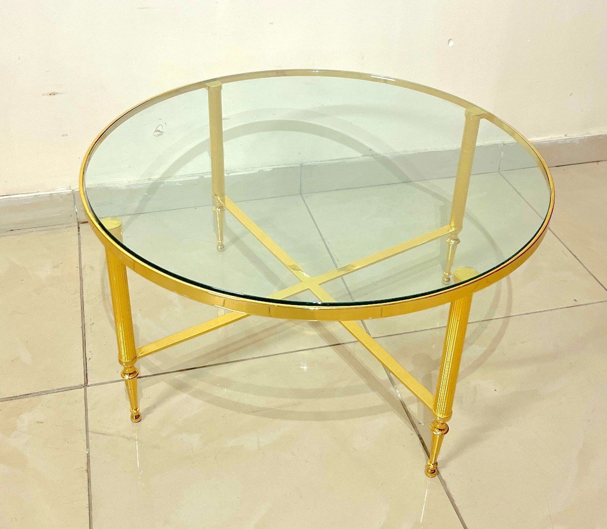 Round Coffee Table In Gold Brass And Glass Top-photo-2