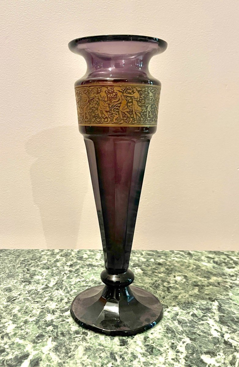 Moser Purple Crystal Vase With Antique Frieze Decor