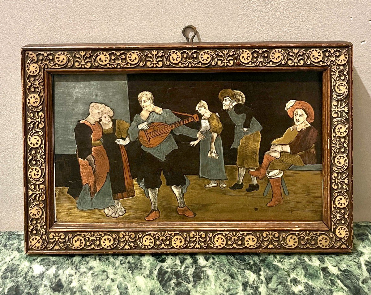 Marquetry Panel Framed Character Scene