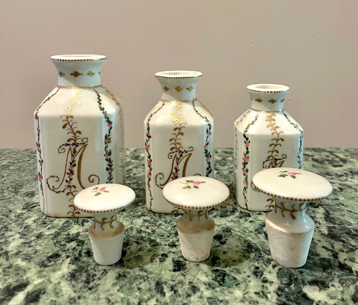 Set Of Three Limoges Porcelain Bottles For Marie-joëlle Le Notre 1965-photo-1