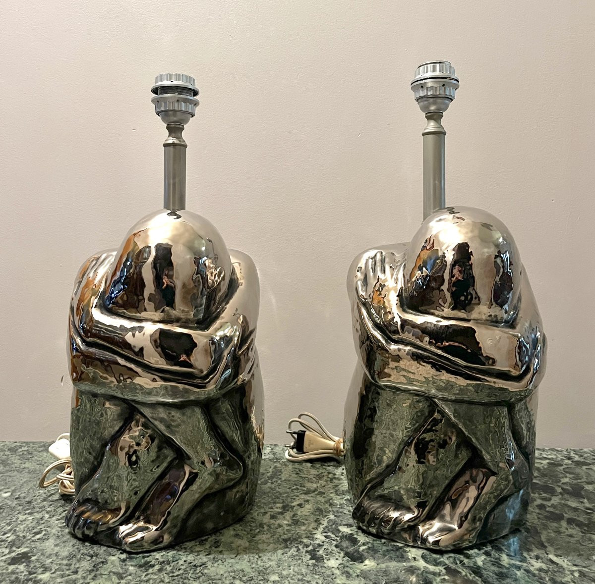 Pair Of 1970s Silver Ceramic Lamps-photo-2