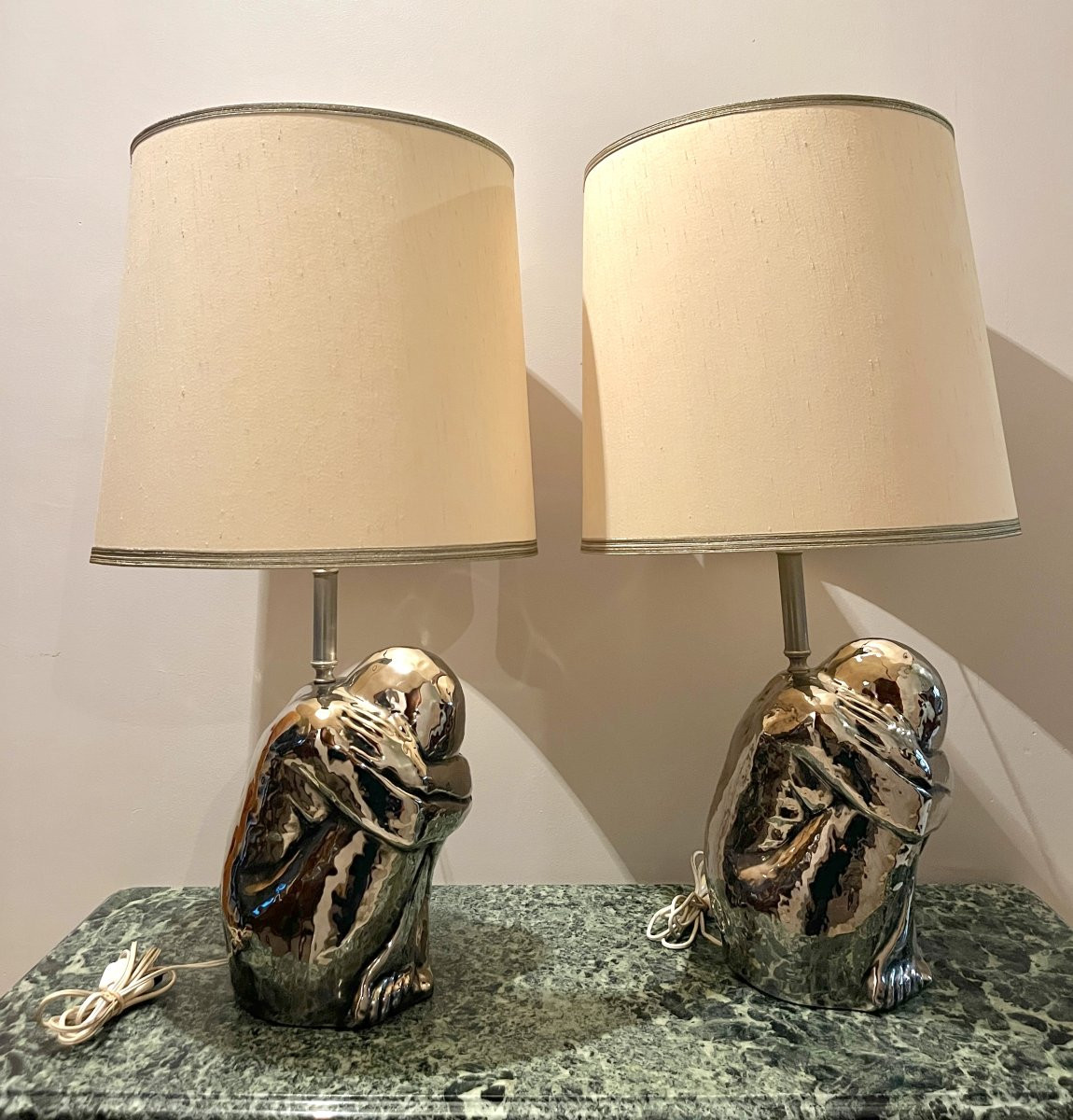 Pair Of 1970s Silver Ceramic Lamps-photo-4