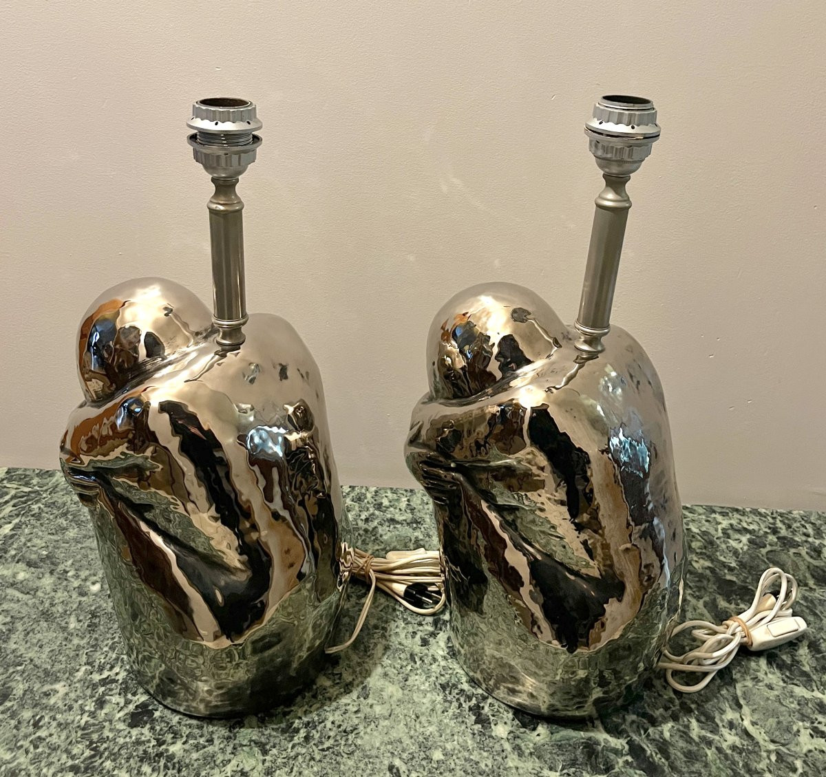 Pair Of 1970s Silver Ceramic Lamps-photo-1