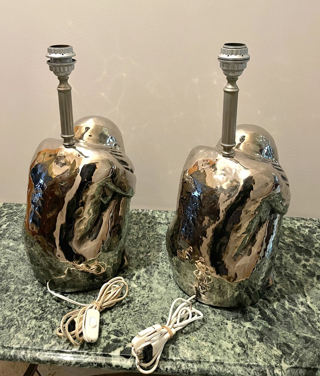 Pair Of 1970s Silver Ceramic Lamps-photo-2