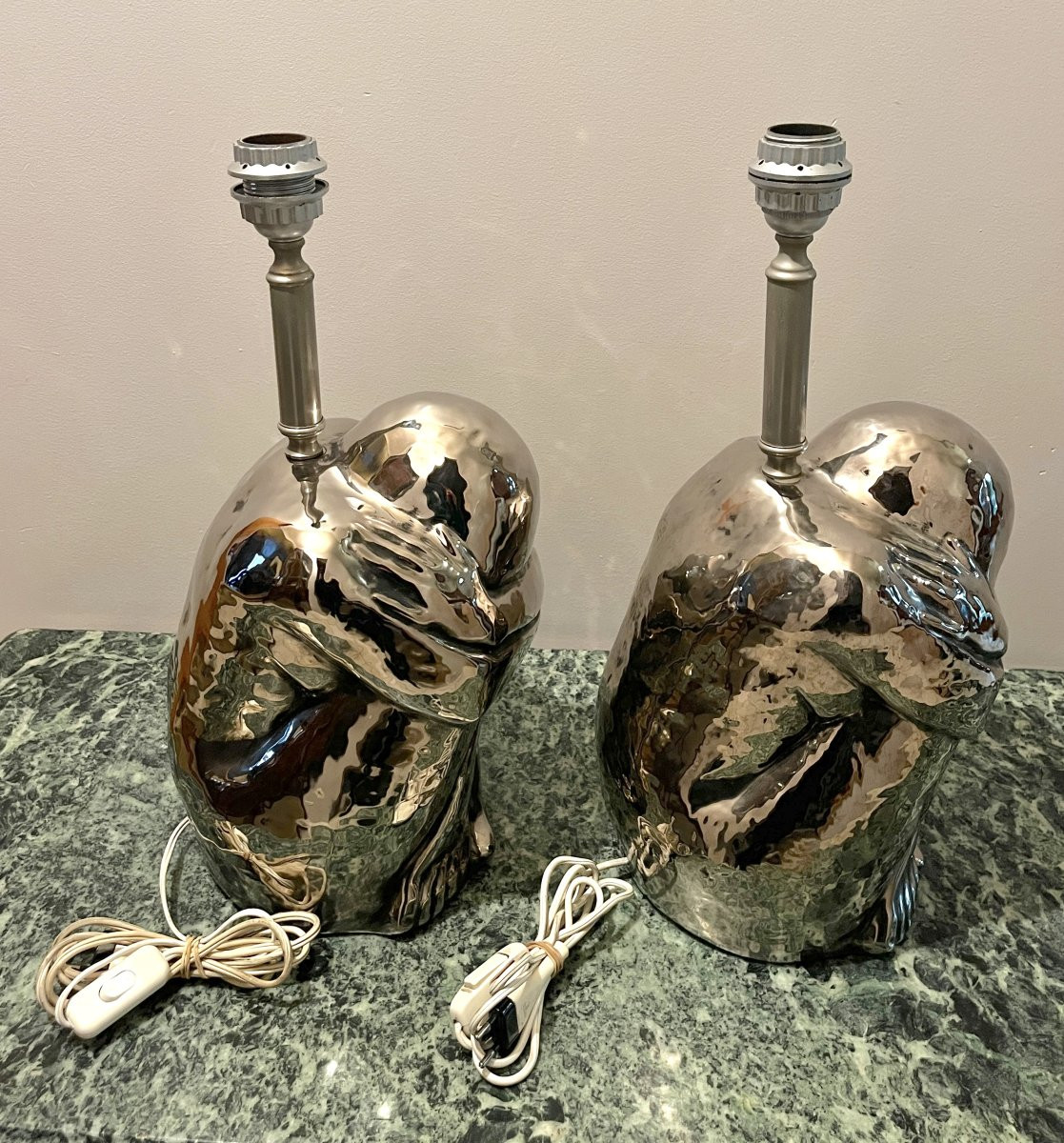 Pair Of 1970s Silver Ceramic Lamps-photo-3