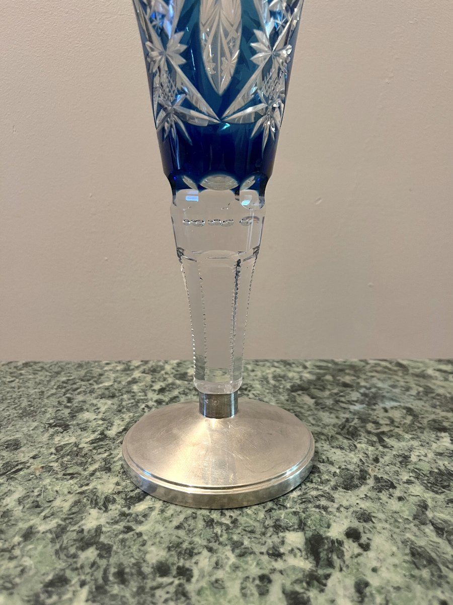 Vase En Cristal Taillé De Couleur Bleu Sur Pied En Argent-photo-3