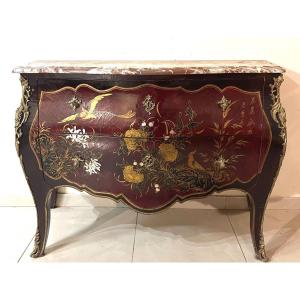 Louis XV Style Chinese Lacquer Chest Of Drawers Gilt Bronze And Marble Top