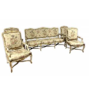 Salon In Louis XV/régence Style Beige Lacquered And Golden Rechampi From The 19th Century