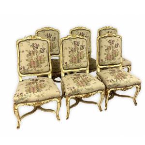 Ensemble De 6 Chaises  De Style Louis XV / Régence En Bois Laqué Beige Et Rechampi Doré